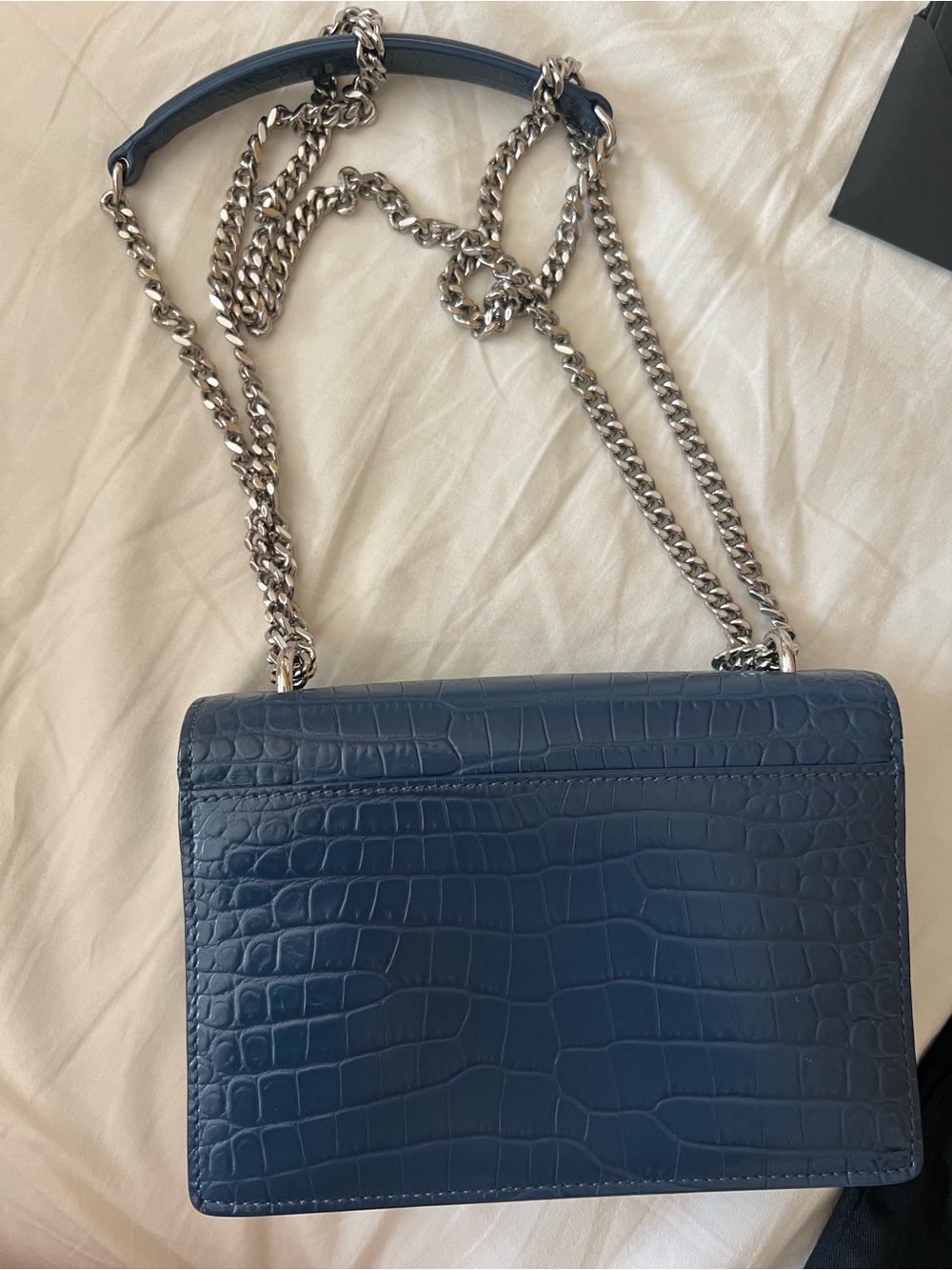 Saint Laurent Small Sunset Bag in Denim Blue Croc-Embossed Leather - Picture 8 of 16